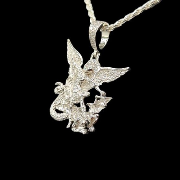 S925 Rhodium Finish St. Michael Angel - S925 Sterling Silver Rope Chain. - Picture 3 of 12